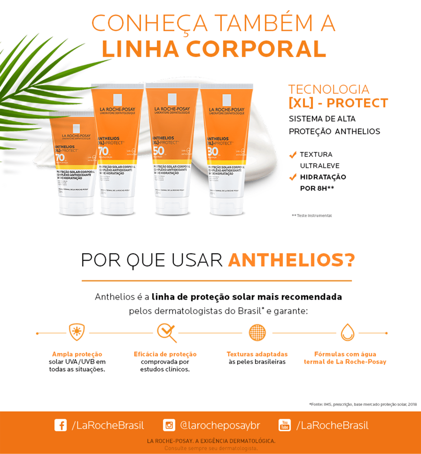 O texto destaca a tecnologia "XL-Protect" que oferece alta proteção antielios, com textura ultraleve e hidratação por 8 horas. Também enfatiza que a linha Anthelios é a mais recomendada por dermatologistas.