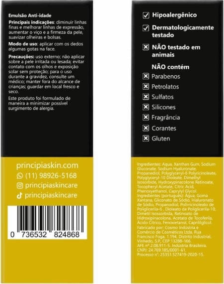 Emulsão facial Principia com 2% de retinóide granativo, em frasco de vidro âmbar com conta-gotas, rótulo preto e amarelo destacando as propriedades do produto para linhas finas, perda de firmeza e olheiras.