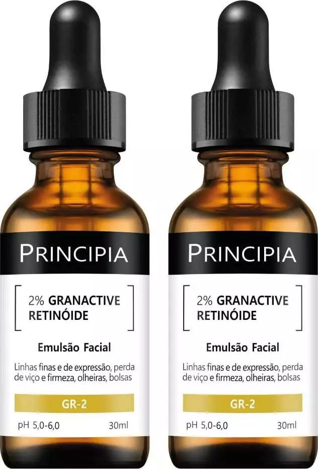 Dois frascos de emulsão facial Principia com 2% de retinoide granativo, em embalagem de vidro âmbar com conta-gotas preto, rótulo branco com texto "Principia" e "2% Granactive Retinoide".
