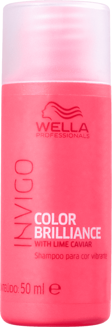 Frasco de shampoo Wella Professionals Invigo Color Brilliance, com 50 ml, em embalagem vermelha, com rótulo destacando a linha "Color Brilliance" e a presença de "Lime Caviar" na fórmula.