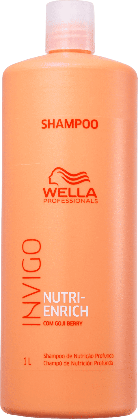 Frasco de shampoo da marca Wella Professionals, com embalagem laranja e branca, contendo a informação "Nutri-Enrich com Goji Berry" e indicando que se trata de um "Shampoo de Nutrição Profunda".