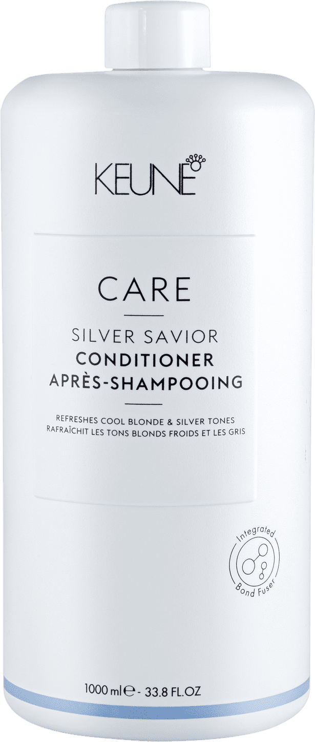 Frasco branco da linha Care da Keune, contendo condicionador Silver Savior para tons loiros e prateados. O rótulo apresenta o nome da marca e do produto em letras pretas.