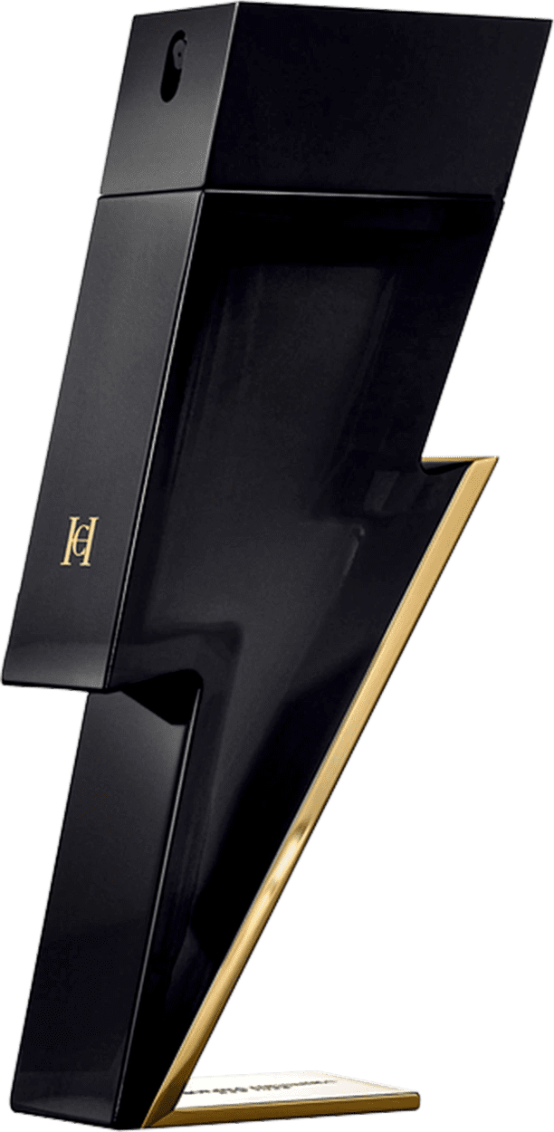 Frasco de perfume preto e dourado Bad Boy da Carolina Herrera, com design em formato de raio