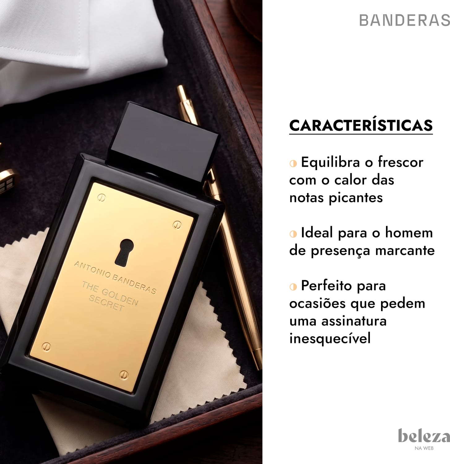 Embalagem preta e dourada de item de perfumaria da marca Banderas, com texto listando as características.