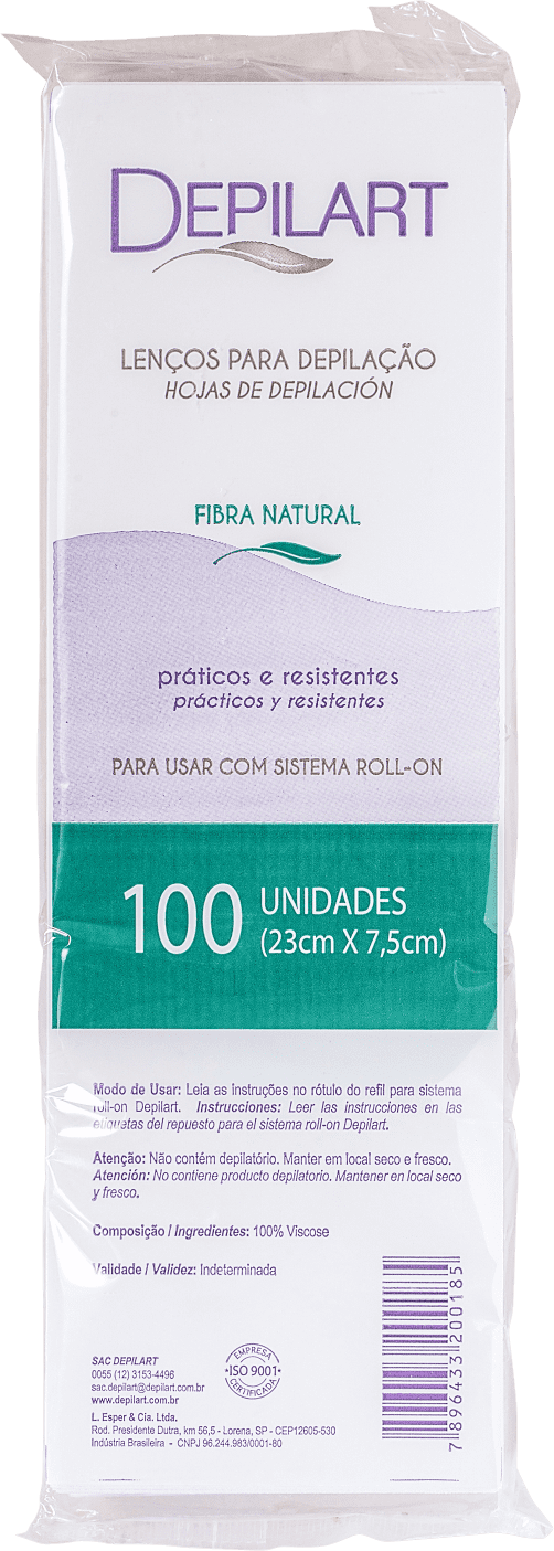 Pacote de 100 lenços de depilação de fibra natural da marca Depilart, em embalagem plástica branca com detalhes em roxo e verde, indicados para uso com sistema roll-on.