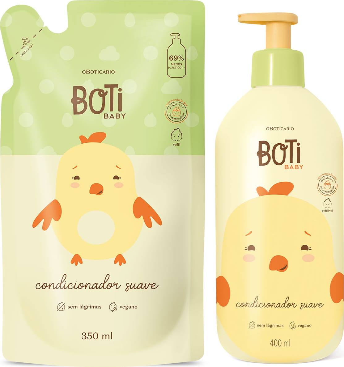 Dois itens Boti Baby em embalagens em tons de bege, rosa e laranja com ilustração de passarinho amarelo, sendo um frasco com bomba dosadora de 400ml de condicionador suave e um refil em sachê de 350ml.