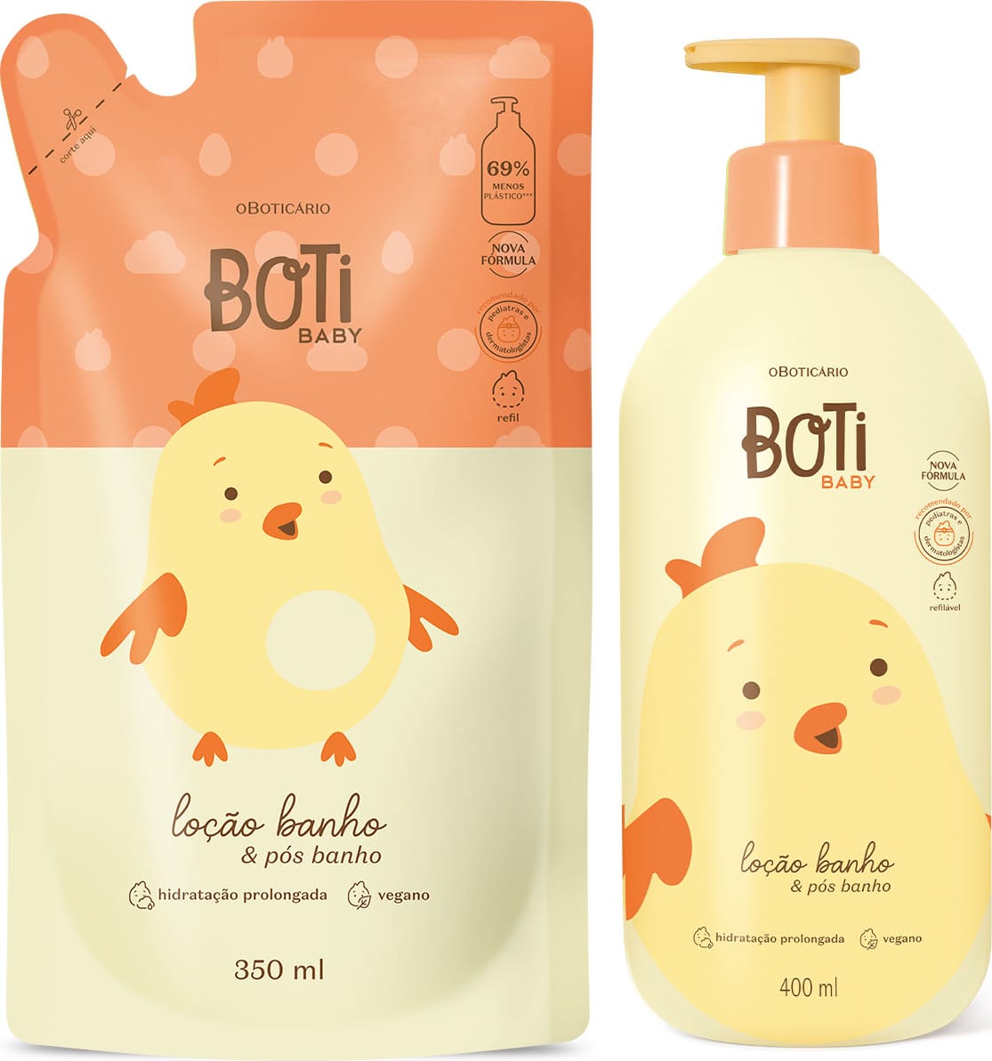 Dois itens Boti Baby em embalagens em tons de bege e laranja com ilustração de passarinho amarelo, sendo um frasco com bomba dosadora de 400ml de loção banho e pós banho e um refil em sachê de 350ml.