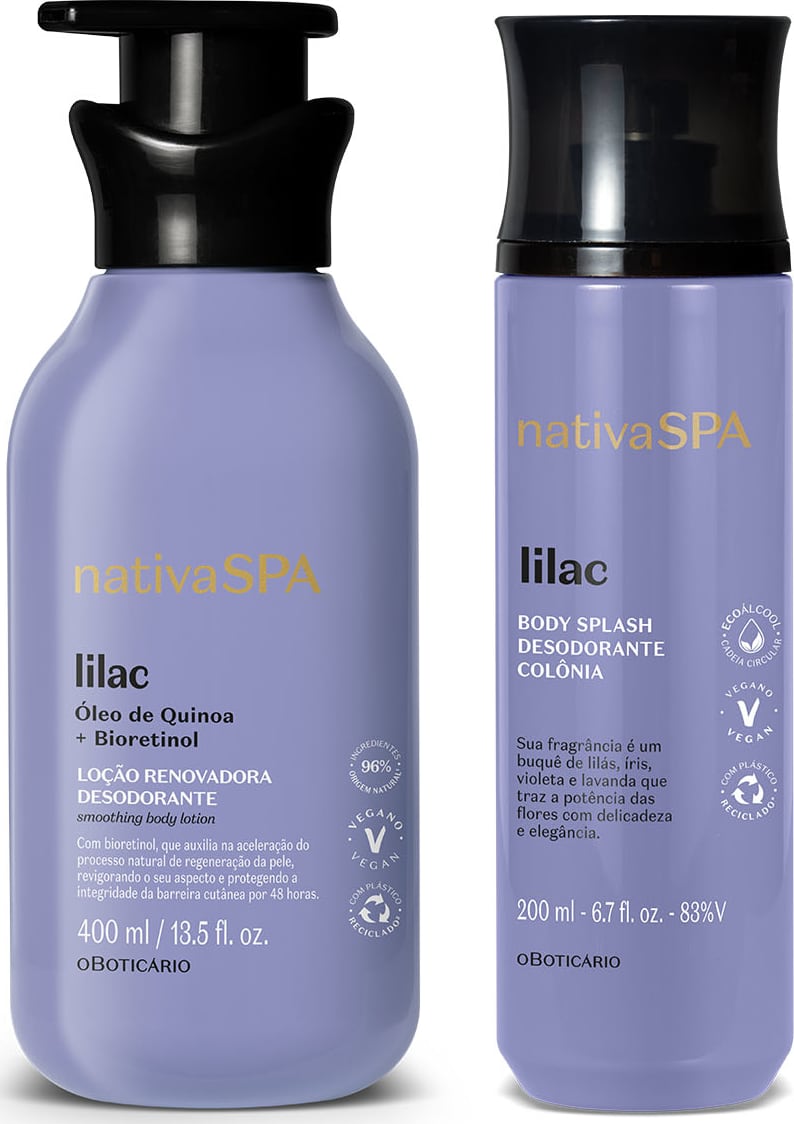 Dois frascos da marca Nativa SPA Lilac na cor lilás com tampa preta, sendo um com bomba dosadora de loção corporal e o outro com tampa spray de body splash.