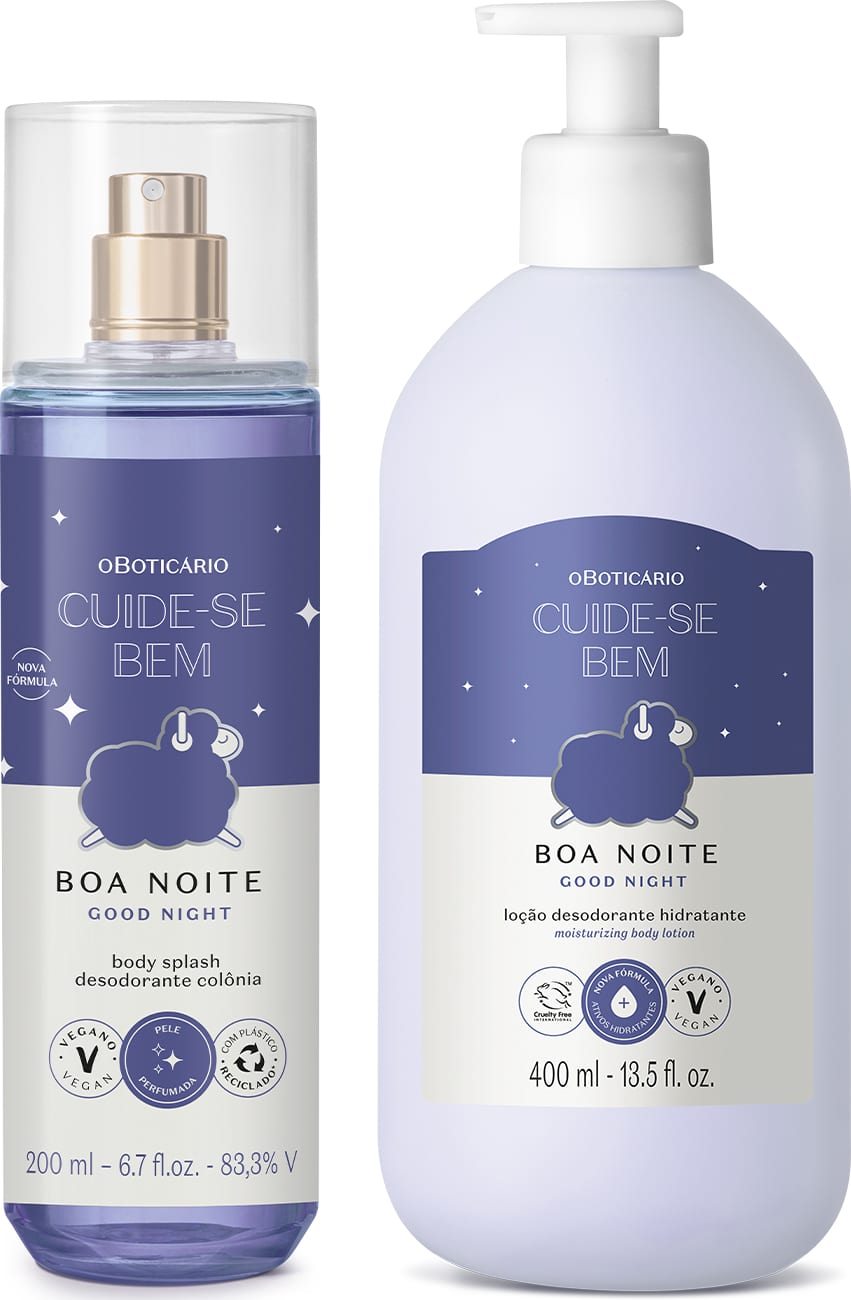 Dois itens Cuide-se Bem Boa Noite, com rótulo em azul escuro e branco e ovelhinha ilustrada: frasco com líquido azul e pulverizador prateado de body splash e frasco branco com bomba dosadora de loção hidratante corporal.