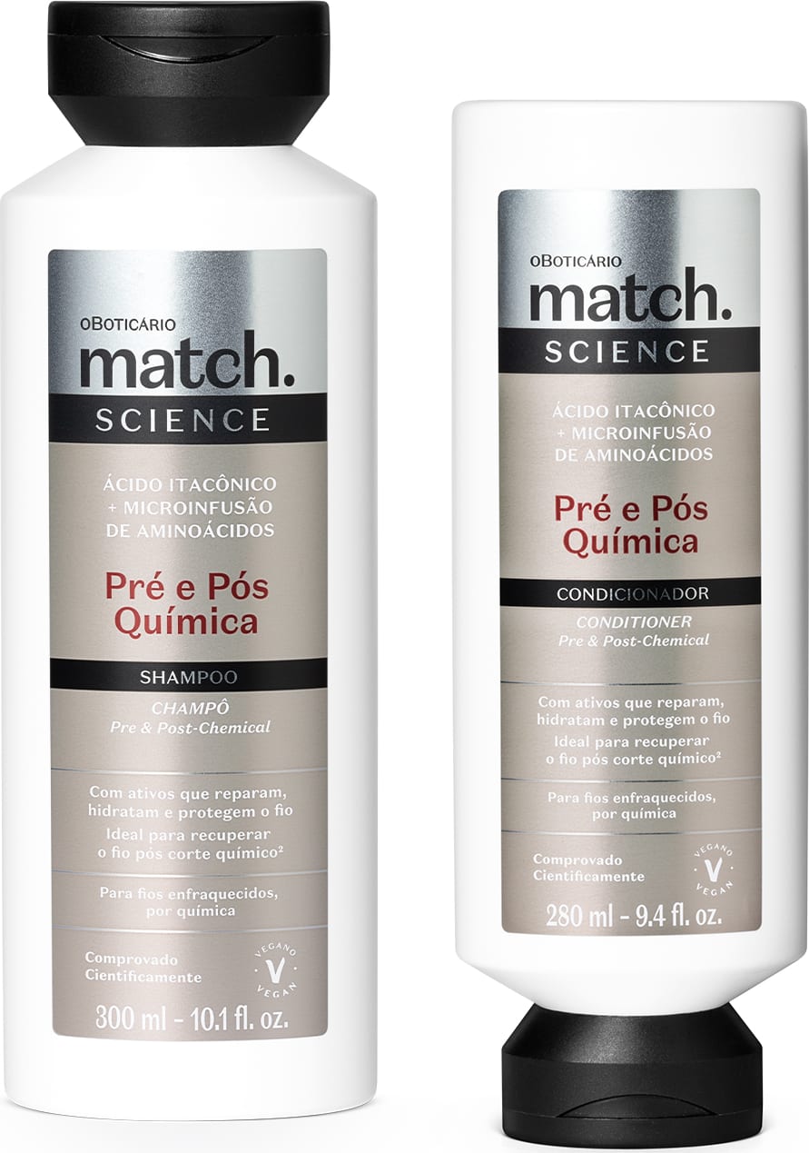 Dois itens da marca Match Science Pré e Pós Química em tons de branco, preto e prata, sendo um frasco de 300ml de shampoo e outro frasco de 280ml de condicionador.