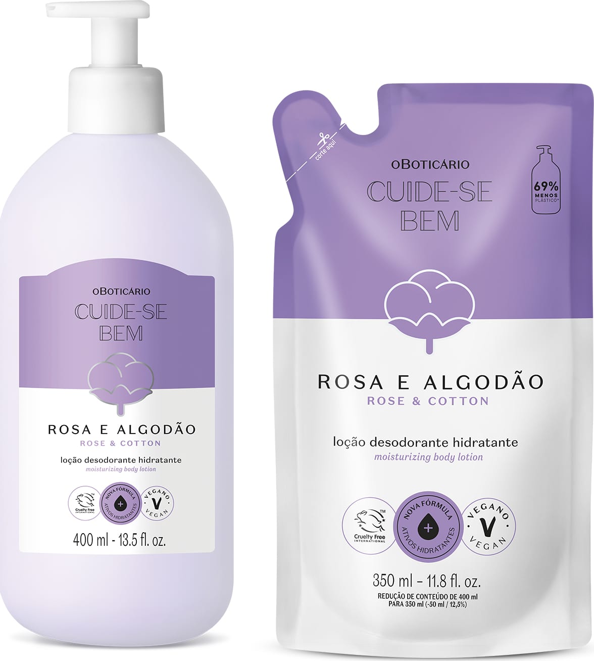 Duas embalagens contendo loção hidratante corporal Cuide-se Bem Rosa e Algodão nas cores branca e lilás com ilustração de uma flor de algodão no rótulo, sendo um frasco com bomba dosadora de 400ml e um refil em sachê de 350ml.