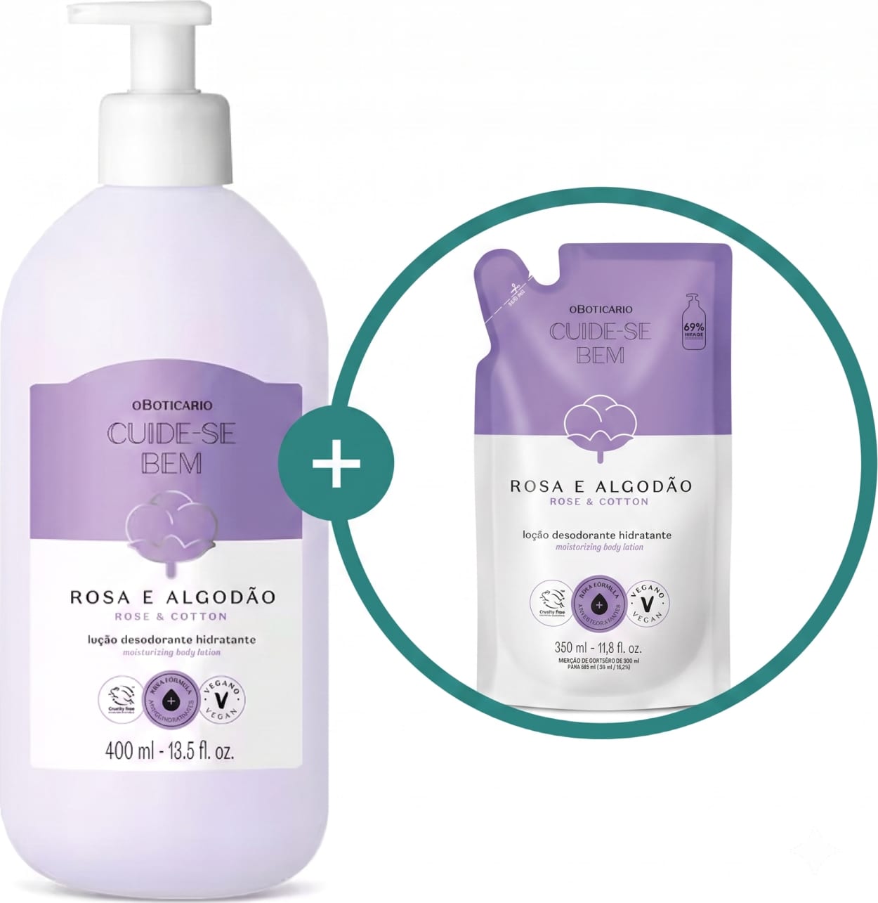 Duas embalagens contendo loção hidratante corporal Cuide-se Bem Rosa e Algodão nas cores branca e lilás com ilustração de uma flor de algodão no rótulo, sendo um frasco com bomba dosadora de 400ml e um refil em sachê de 350ml.