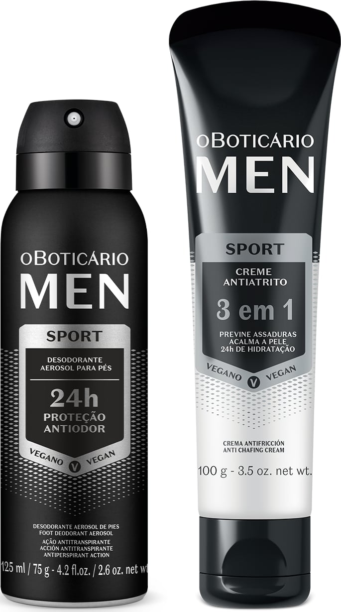 Dois itens da marca MEN Sport em tons de preto, branco e prateado, sendo um creme antiatrito 3 em 1 e um desodorante para os pés.