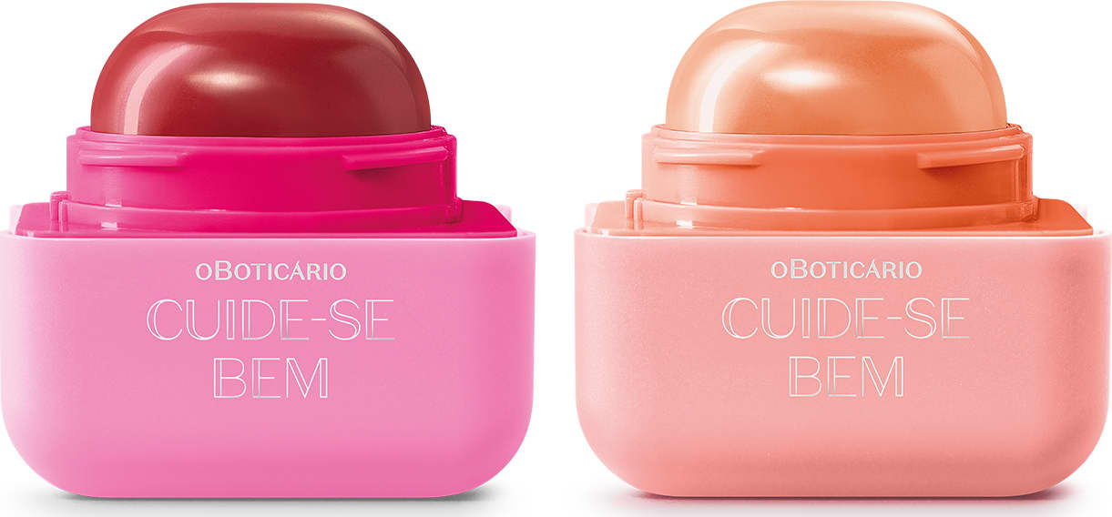 Dois protetores labiais da marca Cuide-se Bem, com embalagem quadrada e bala em formato de semicírculo, sendo um em tons de laranja com rosa e outro em tons de rosa com vermelho.