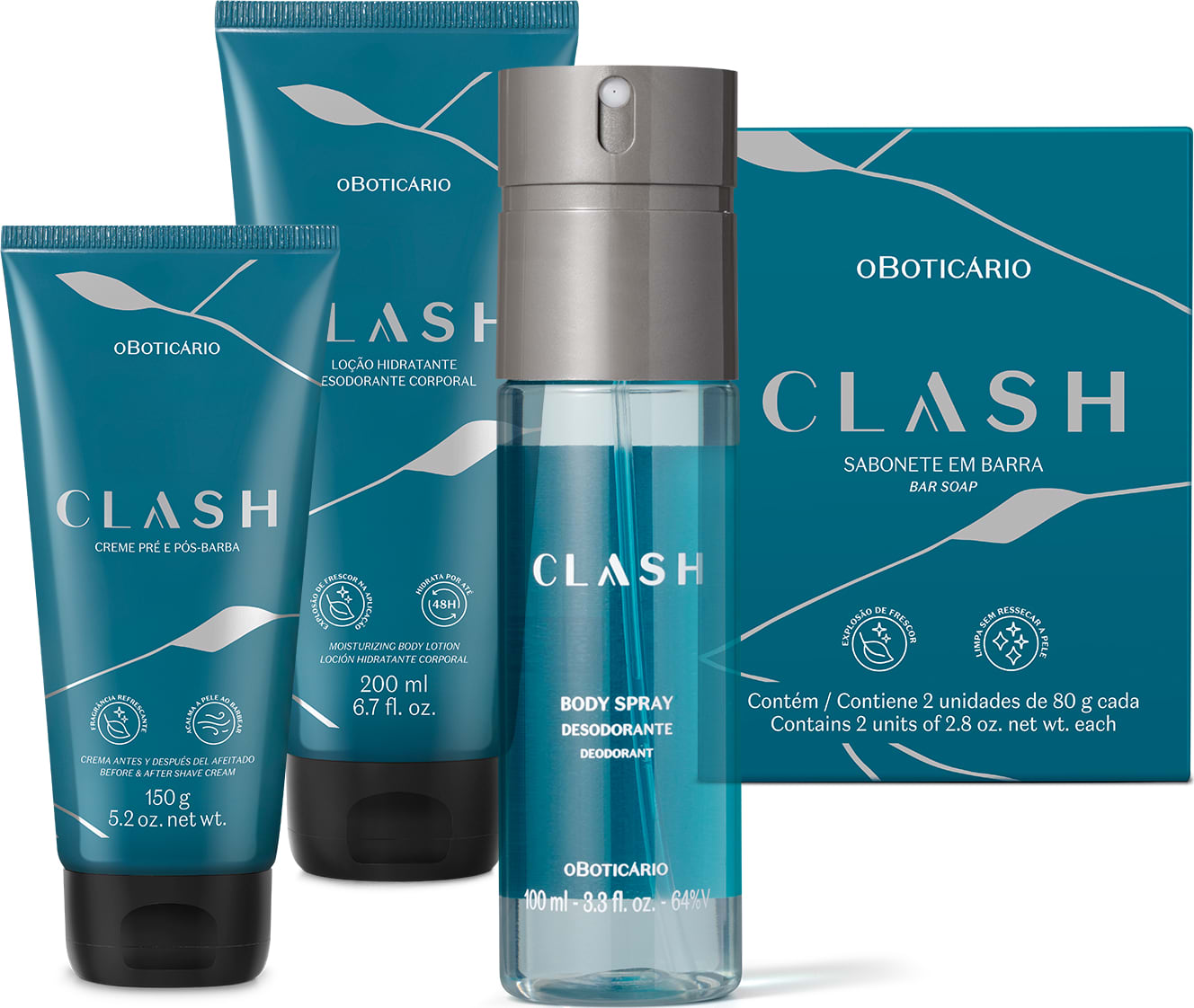 Combo de produtos de perfumaria da marca Clash, incluindo duas bisnagas azuis com tapa preta, sendo uma de creme para barba e outro para o corpo, um frasco cilíndrico de body spray e duas barras de sabonete ovais brancas e caixa de sabonete azul escuro.