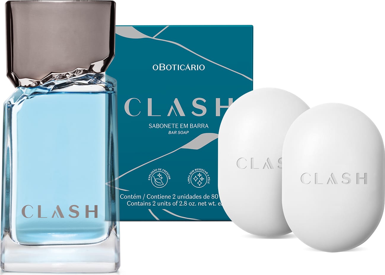 Combo de produtos de perfumaria da marca Clash, incluindo frasco de desodorante colônia transparente com líquido azul e tampa cinza e duas barras de sabonete ovais brancas e sua respectiva caixa, na cor azul escuro.