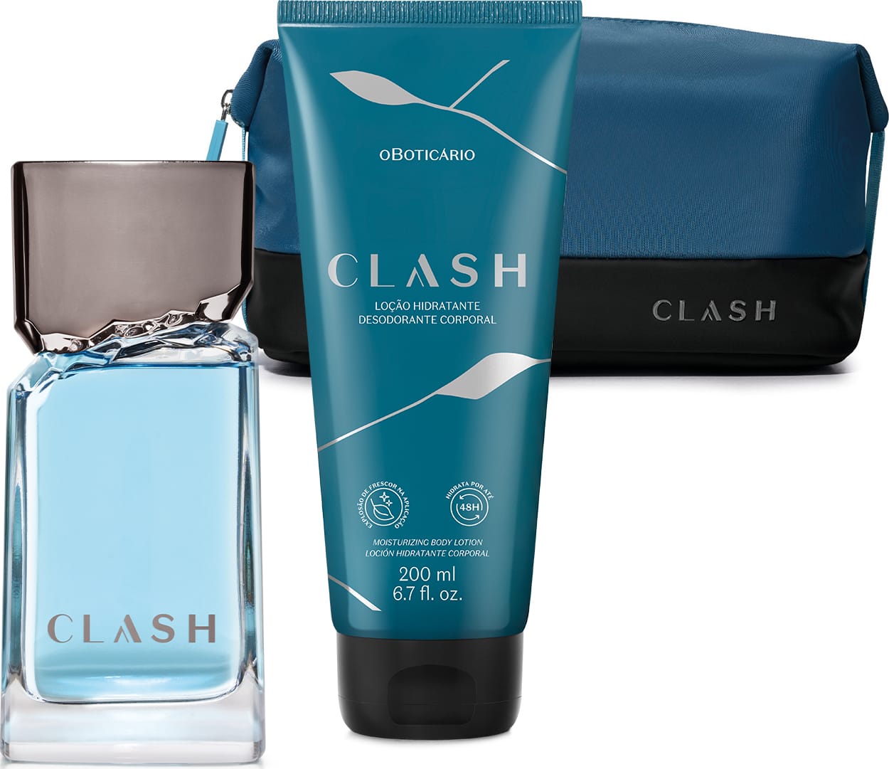 Combo de produtos de perfumaria da marca Clash, incluindo frasco de desodorante colônia transparente com líquido azul e tampa cinza, bisnaga azul com tampa preta de creme para barba e nécessaire de tecido da mesma linha nas cores azul escuro e preto.