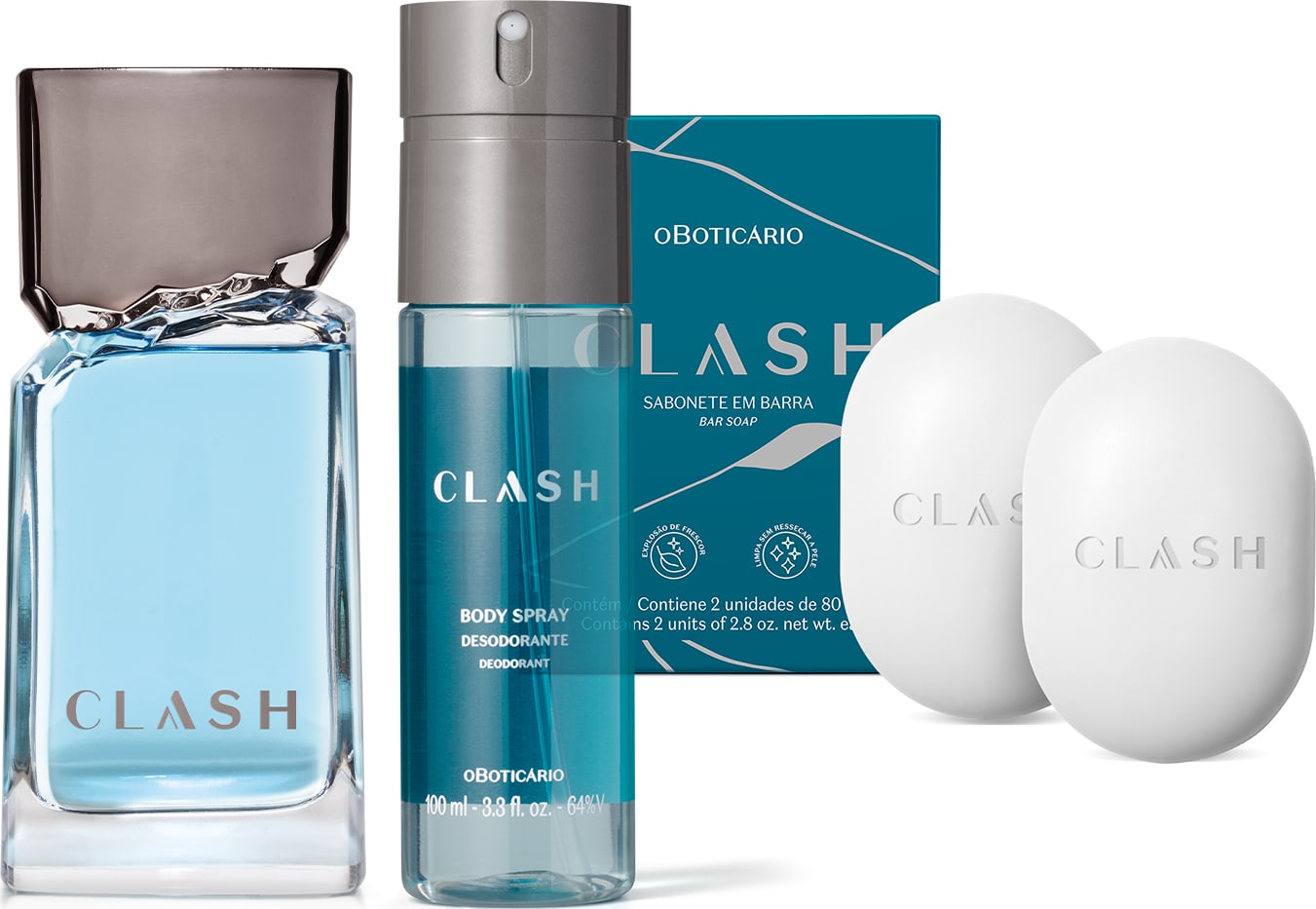 Combo de produtos de perfumaria da marca Clash, incluindo frasco de desodorante colônia transparente com líquido azul e tampa cinza, frasco cilíndrico de body spray e duas barras de sabonete ovais brancas e sua respectiva caixa, na cor azul escuro.
