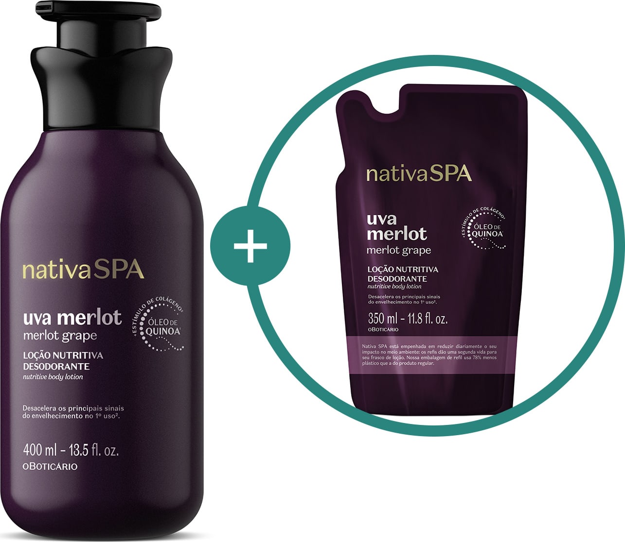 Embalagem de loção corporal Nativa SPA Uva Merlot em frasco roxo escuro com tampa dosadora preta e refil do mesmo produto em fundo roxo escuro com detalhes dourados e letras brancas de mesma marca.