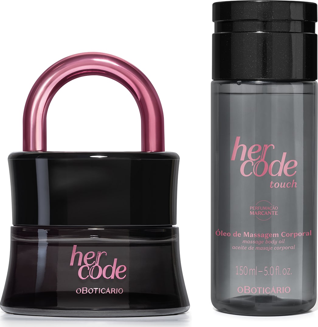 Dois itens de perfumaria da marca Her Code Touch: um frasco preto com alça rosa em formato de cadeado de desodorante colônia e um frasco cinza com rótulo rosa de óleo de massagem corporal de mesma marca.