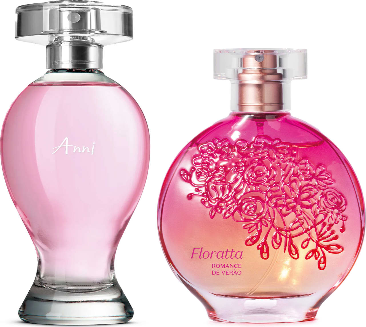 Dois vidros de desodorante colônia transparentes com líquidos rosa, sendo um de 100ml em formato curvilíneo com borrifador prateado  da marca Boticollection Anni e outro de 75ml em formato redondo com flores em relevo da marca Floratta Romance de Verão.