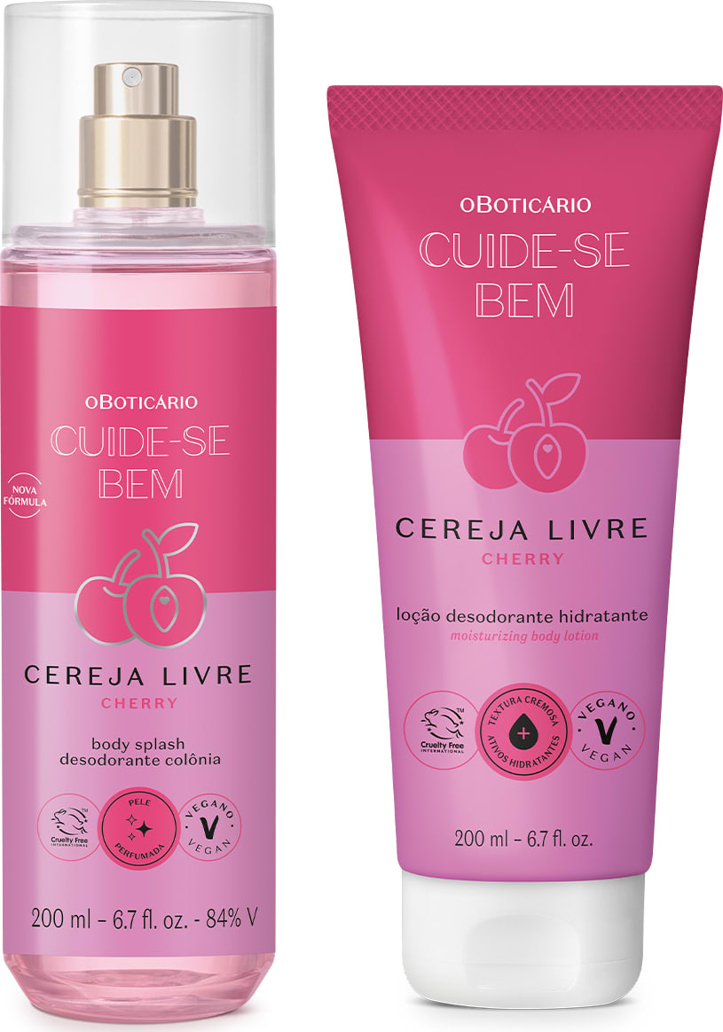 Dois itens de perfumaria da marca Cuide-se Bem Cereja Livre: um frasco de body splash na cor rosa e uma bisnaga de loção desodorante hidratante na mesma cor, ambos com rótulos em tons de rosa com cereja ilustrada.