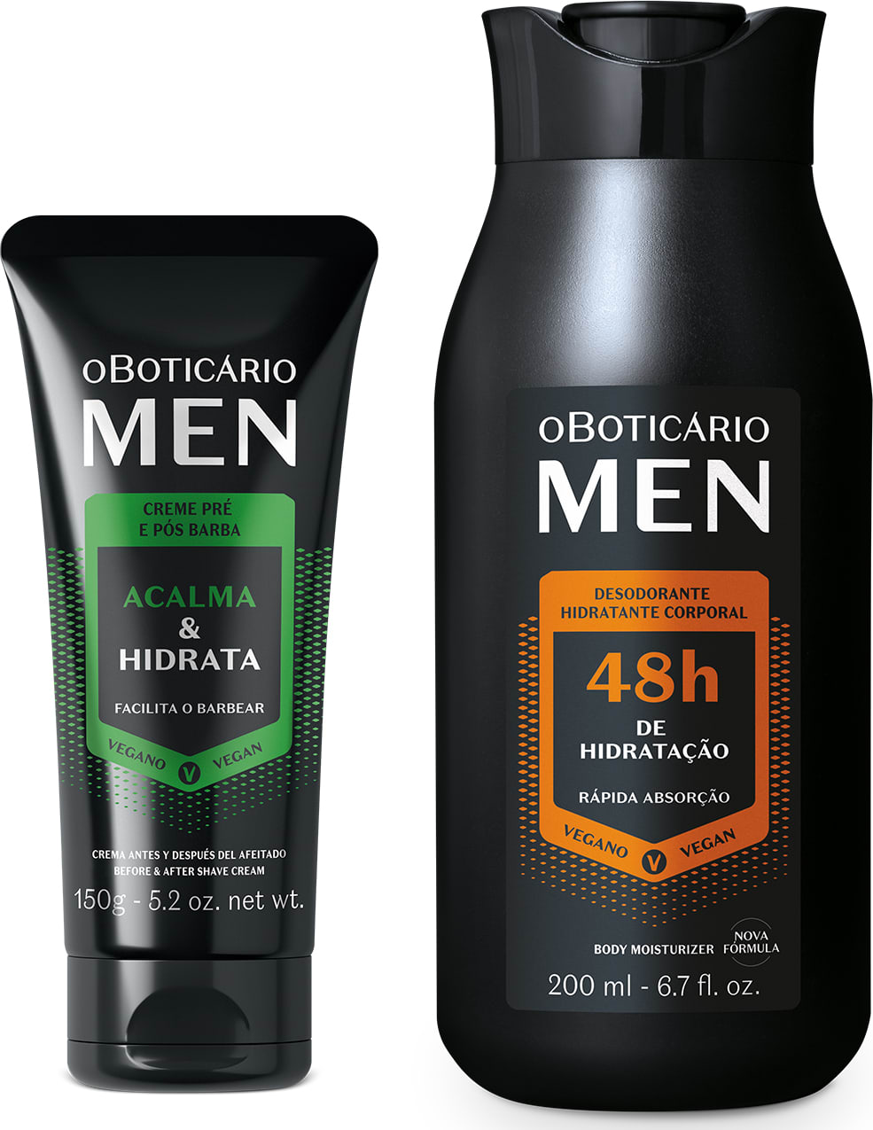 Dois produtos da da marca Men um creme pré e pós-barba em bisnaga de 150g com detalhes verdes e um desodorante corporal em frasco de 200ml com detalhes laranja. As duas embalagens são na cor preta com letras brancas.