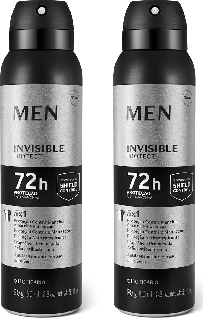 Dois frascos pretos de antitranspirante aerosol da marca Men Invisible Protect, com rótulos em prata e branco, exibindo informações sobre proteção contra manchas e odores por 72 horas.
