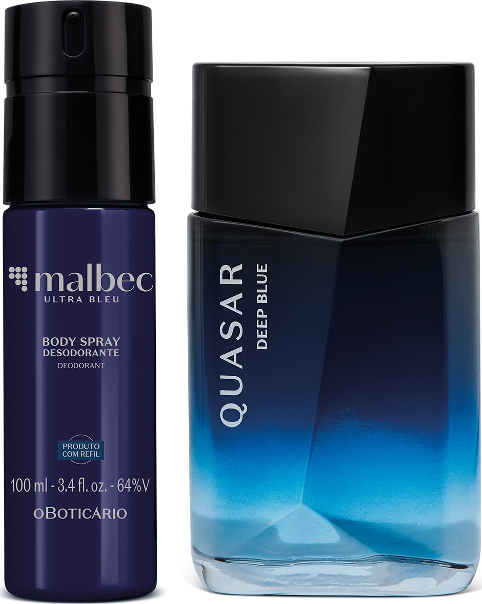 Dois frascos de produtos de perfumaria da marca Malbec: um frasco azul marinho com letras amarelas da linha Ultra Bleu e outro frasco de vidro em tons de azul com letras brancas da linha Deep Blue.