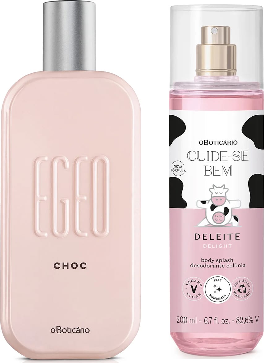 Dois frascos de perfumaria: um frasco rosa claro com tampa prateada de desodorante colônoia Egeo Choc e outro frasco transparente, líquido rosa, válvula spray e rótulo branco e rosa com manchas pretas e vaca ilustrada de body splash Cuide-se Bem Deleite.