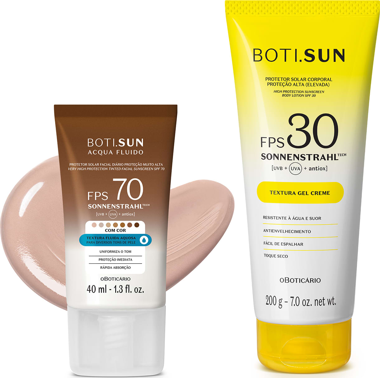 Dois produtos de proteção solar da marca Boti Sun: um frasco de protetor solar facial FPS 70 Cor 01 em bisnaga marrom e branca e uma frasco de protetor solar corporal FPS 30 em bisnaga amarela e branca com tampa amarela.