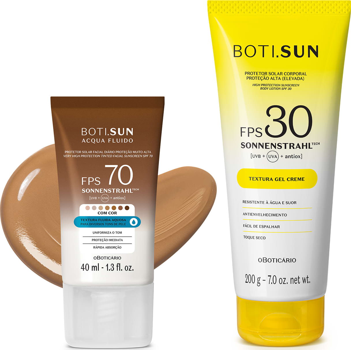 Dois produtos de proteção solar da marca Boti Sun: um frasco de protetor solar facial FPS 70 Cor 04 em bisnaga marrom e branca e uma frasco protetor solar corporal FPS 30 em bisnaga amarela e branca com tampa amarela.