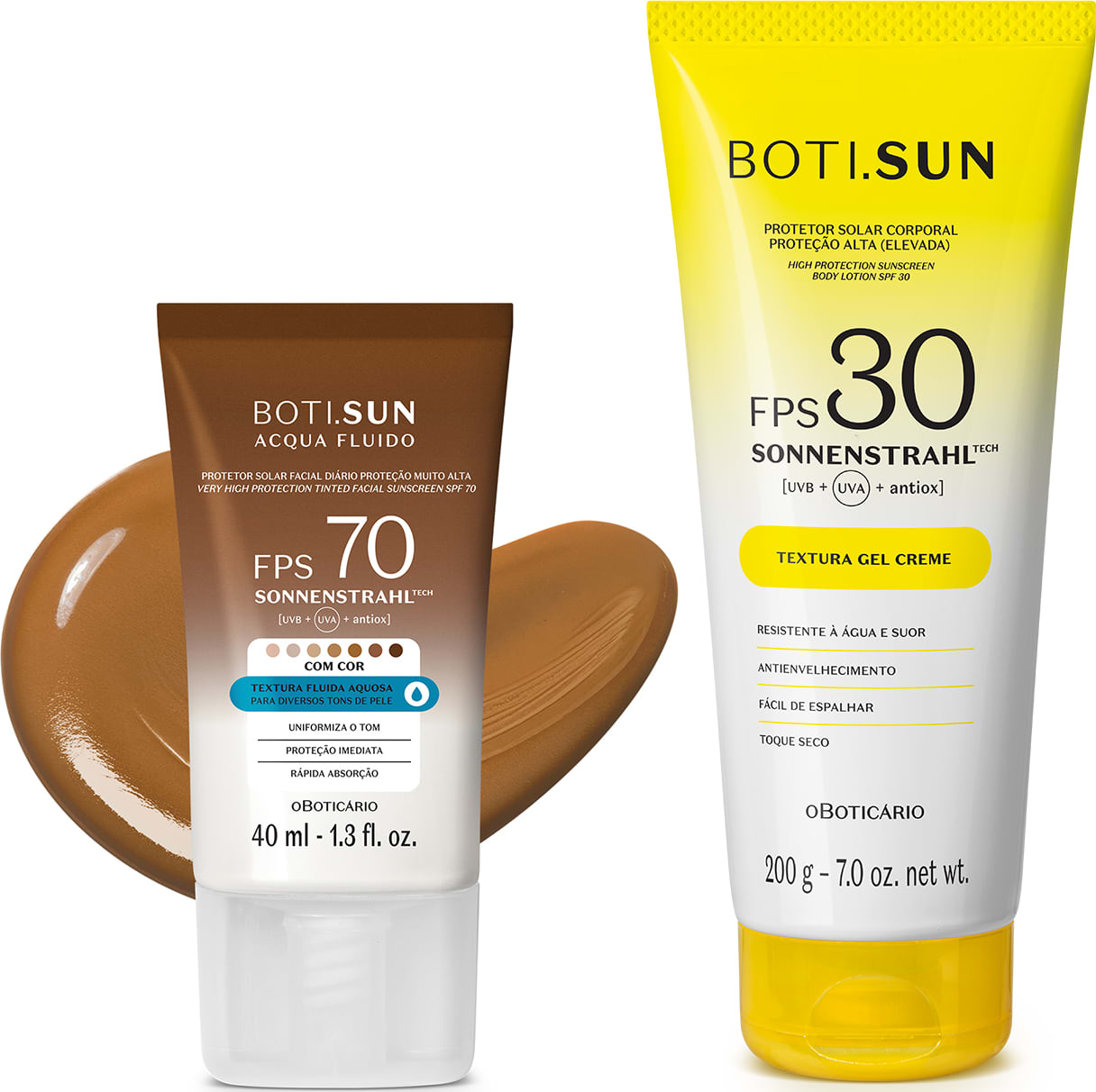 Dois produtos de proteção solar da marca Boti Sun: um frasco de protetor solar facial FPS 70 Cor 06 em bisnaga marrom e branca e uma frasco protetor solar corporal FPS 30 em bisnaga amarela e branca com tampa amarela.
