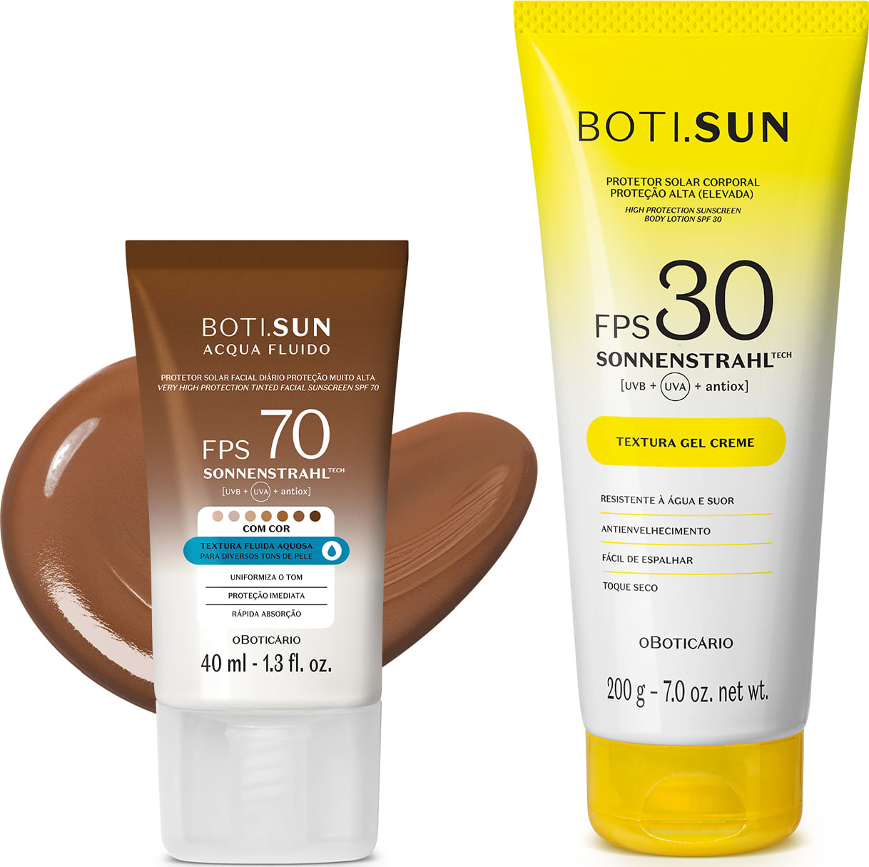 Dois produtos de proteção solar da marca Boti Sun: um frasco de protetor solar facial FPS 70 Cor 07 em bisnaga marrom e branca e uma frasco protetor solar corporal FPS 30 em bisnaga amarela e branca com tampa amarela.