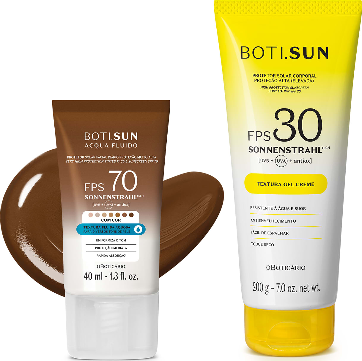 Dois produtos de proteção solar da marca Boti Sun: um frasco de protetor solar facial FPS 70 Cor 08 em bisnaga marrom e branca e uma frasco protetor solar corporal FPS 30 em bisnaga amarela e branca com tampa amarela.