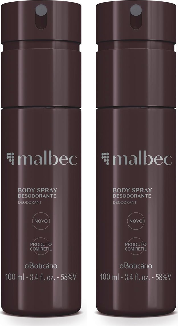 Dois frascos de 100ml de body spray da marca Malbec, com embalagem cilíndrica de cor vinho, rótulo em letras cinza com logotipo e informações do produto.