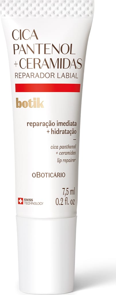 Imagem de um tubo branco de reparador da marca Botik Cica Pantenol e Ceramidas, com detalhe em vermelho e rótulo contendo os ingredientes Cica, Pantenol e Ceramidas. O recipiente traz 7,5g de produto.
