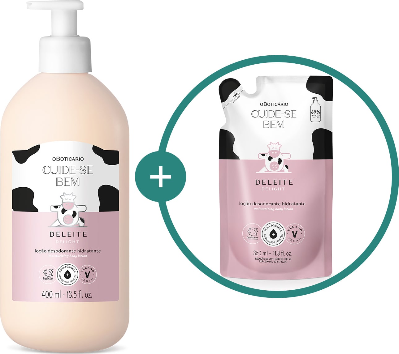 Imagem de duas embalagens de loção hidratante corporal Cuide-se Bem Deleite, sendo um frasco branco e um refil em sachê. Ambos trazem as cores branca e rosa com manchas pretas e ilustração de vaca.