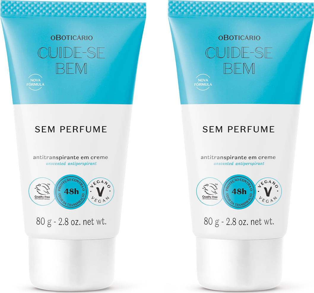 Dois frascos de antitranspirante em creme sem perfume Cuide-se Bem, com embalagem branca e azul-turquesa e letras brancas e pretas, contendo 80g de produto.