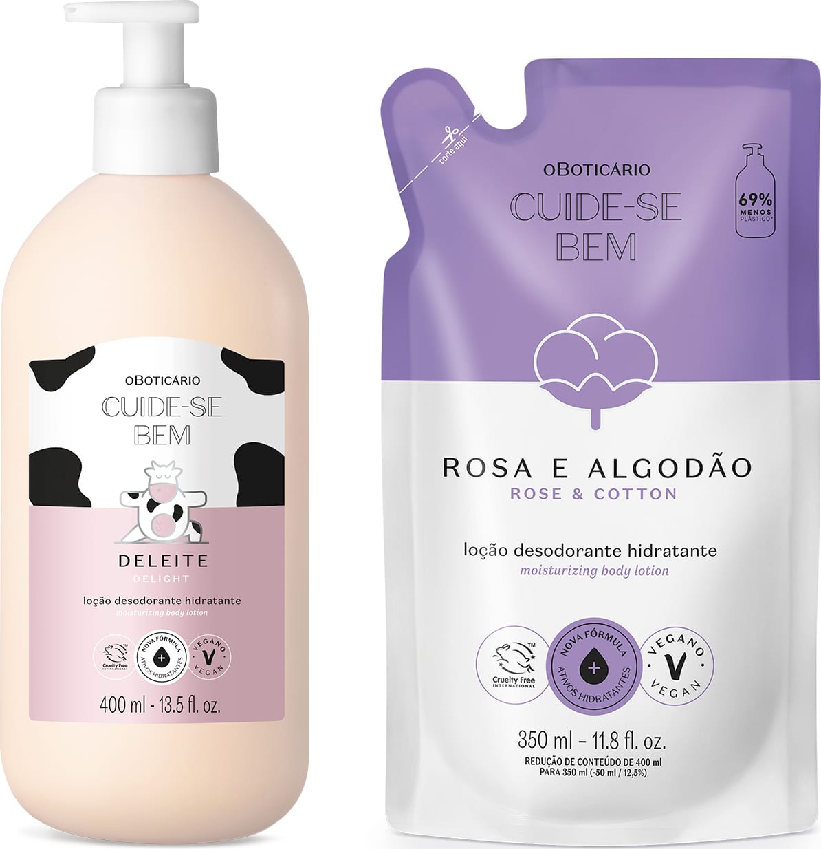 Imagem de duas embalagens de loção hidratante corporal Cuide-se Bem: um frasco branco com bomba dosadora e rótulo rosa e branco da linha Deleite e um sachê lilás e branco da linha Rosa e Algodão.