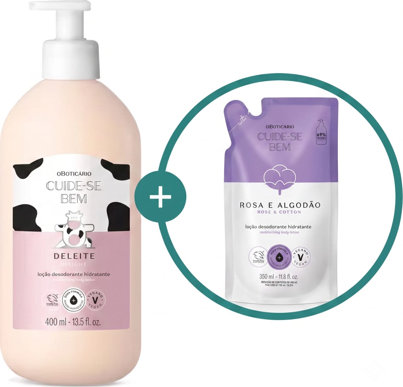 Imagem de duas embalagens de loção hidratante corporal Cuide-se Bem: um frasco branco com bomba dosadora e rótulo rosa e branco da linha Deleite e um sachê lilás e branco da linha Rosa e Algodão.