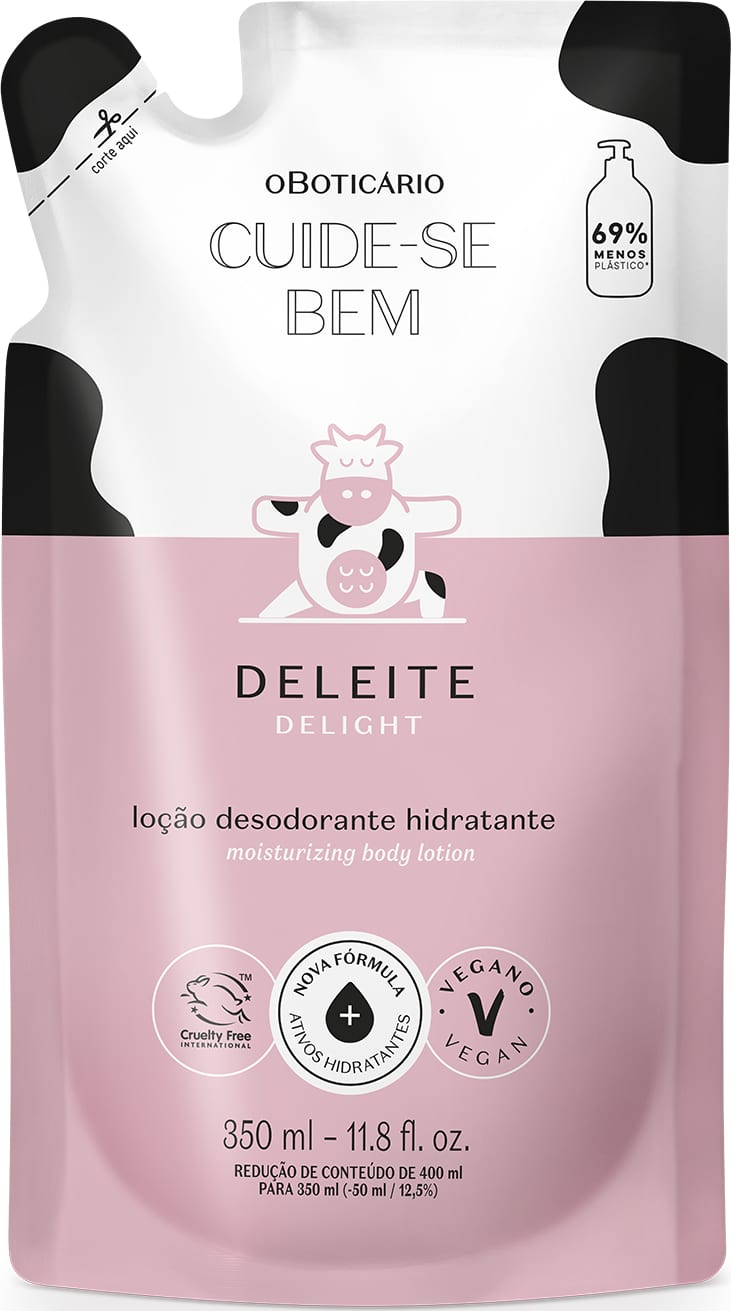 Imagem de um refil contendo 350 ml de loção hidratante corporal da marca Cuide-se Bem Deleite em embalagem sachê branco e rosa com detalhes pretos e ilustração de vaca.