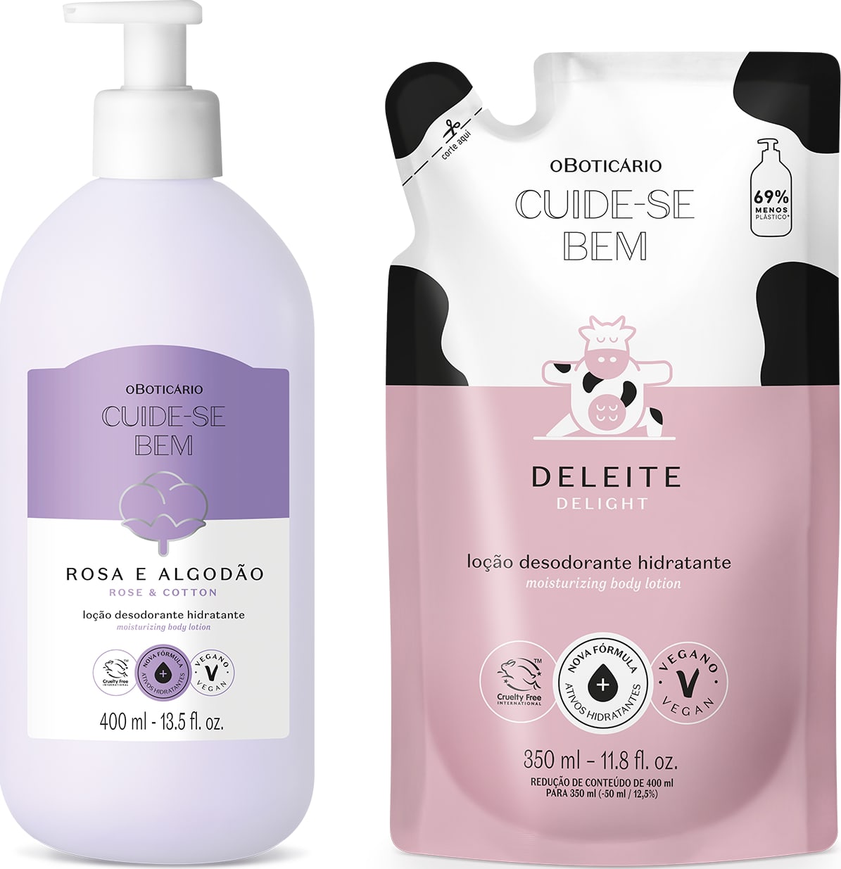 Imagem de duas embalagens de loção hidratante corporal da marca Cuide-se Bem: um frasco branco com bomba dosadora e rótulo lilás e branco da linha Rosa e Algodão e um sachê rosa e branco da linha Deleite.