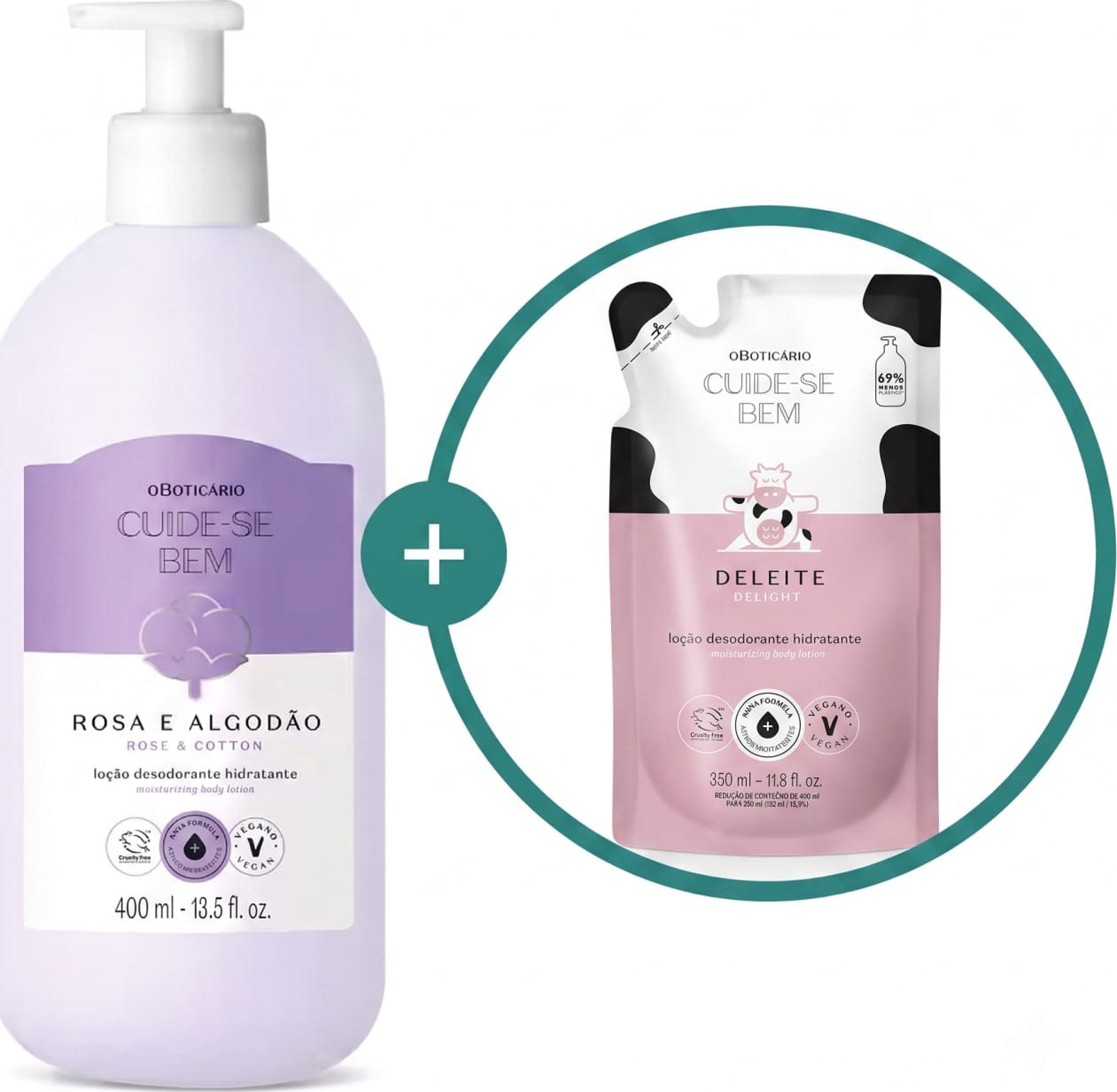 Imagem de duas embalagens de loção hidratante corporal da marca Cuide-se Bem: um frasco branco com bomba dosadora e rótulo lilás e branco da linha Rosa e Algodão e um sachê rosa e branco da linha Deleite.