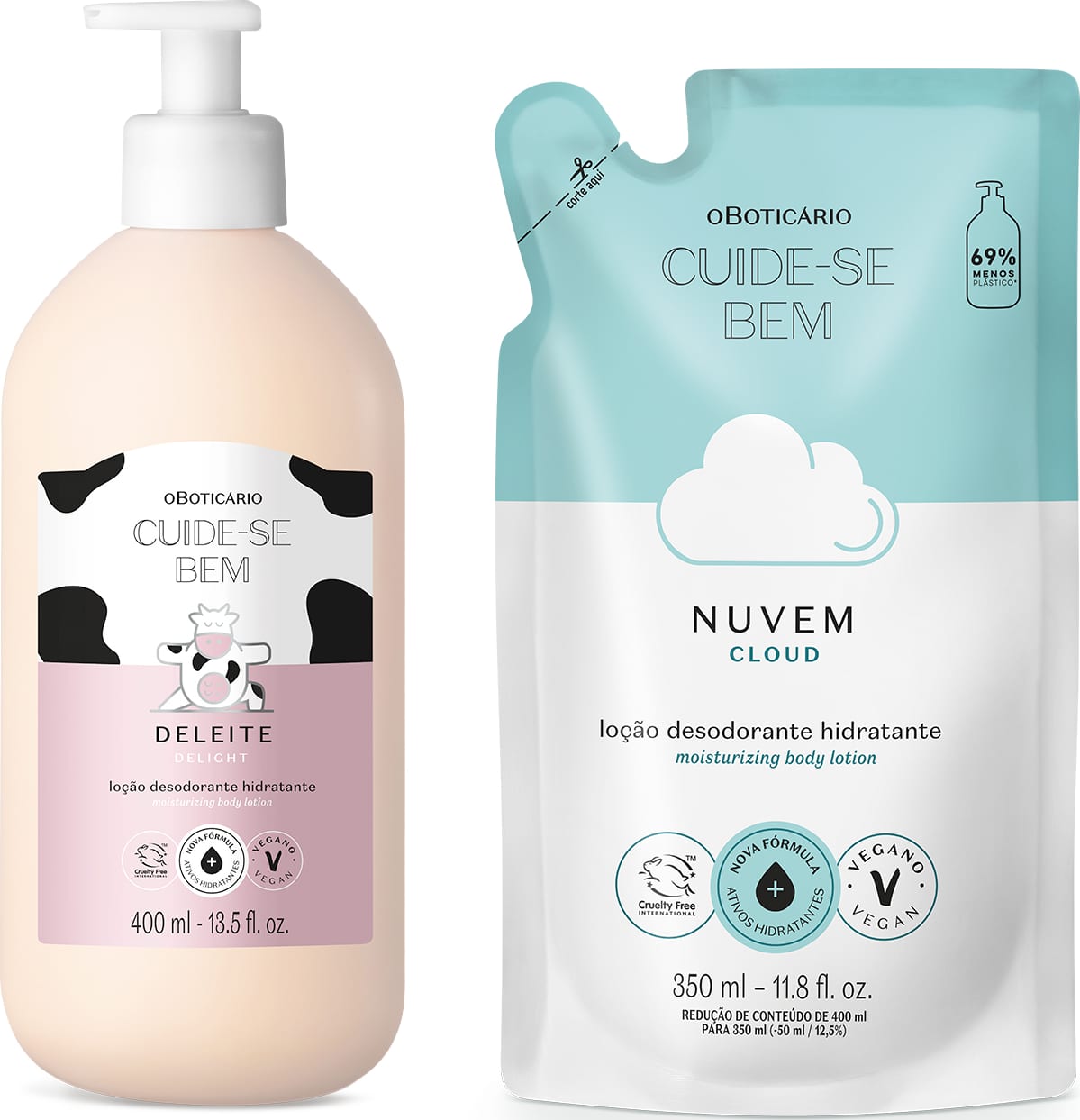 Imagem de duas embalagens de loção hidratante corporal Cuide-se Bem: um frasco branco com tampa dosadora e rótulo em branco e rosa com ilustração de vaca da linha Deleite e um refil em sachê nas cores branca e azul com ilustração de nuvem da linha Nuvem.