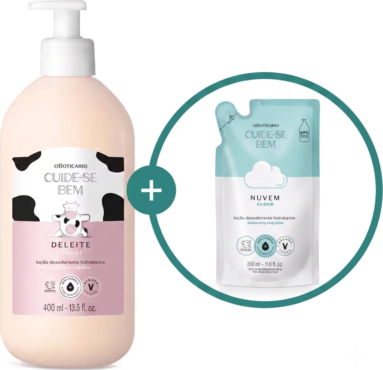 Imagem de duas embalagens de loção hidratante corporal Cuide-se Bem: um frasco branco com tampa dosadora e rótulo em branco e rosa com ilustração de vaca da linha Deleite e um refil em sachê nas cores branca e azul com ilustração de nuvem da linha Nuvem.