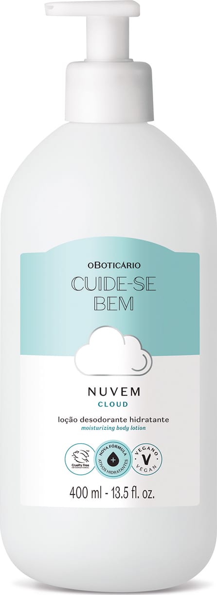 Imagem de um frasco branco com bomba dosadora e rótulo em azul-claro e branco com ilustração de uma nuvem contendo 400ml de loção hidratante corporal Cuide-se Bem Nuvem.