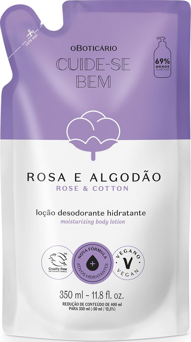 Imagem de um refil em sachê lilás e lilás com uma flor de algodão ilustrando a embalagem, contendo 350 ml de loção hidratante corporal da linha Rosa e Algodão.