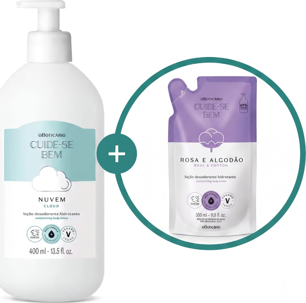 Imagem de duas embalagens com loção hidratante corporal Cuide-se Bem, sendo um frasco branco com rótulo azul-claro e branco da linha Nuvem e um sachê roxo e lilás da linha Rosa e Algodão.
