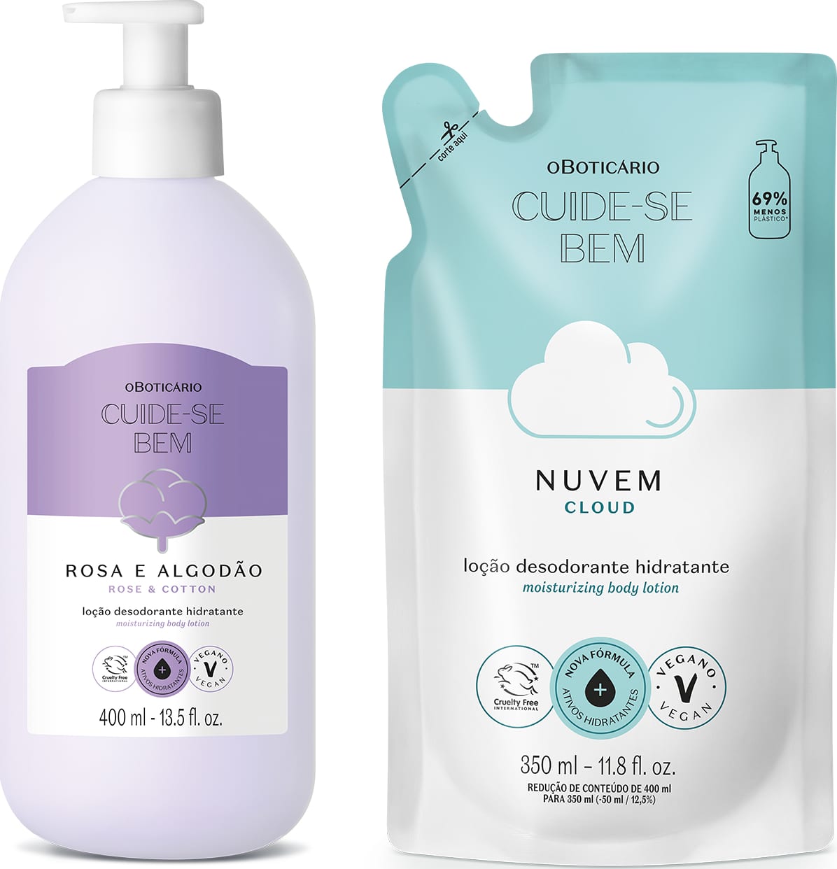 Imagem de duas embalagens de loção hidratante corporal da marca Cuide-se Bem: frasco branco com rótulo roxo e branco e flor de algodão ilustrada da linha Rosa e Algodão e um refil em sachê azul e branco com nuvem ilustrada da linha Nuvem.